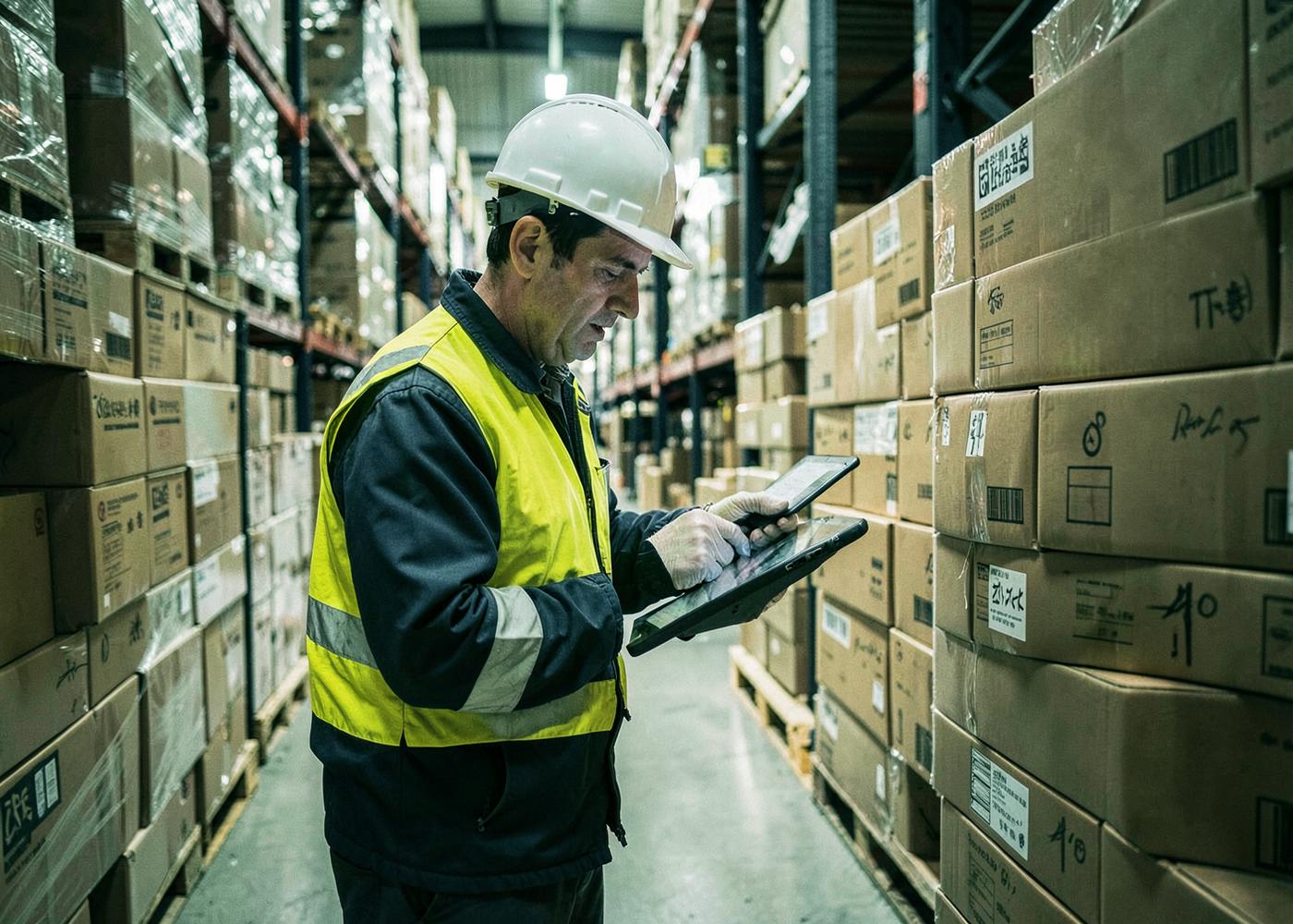 Medewerker beoordeelt een handelspartij in een magazijn